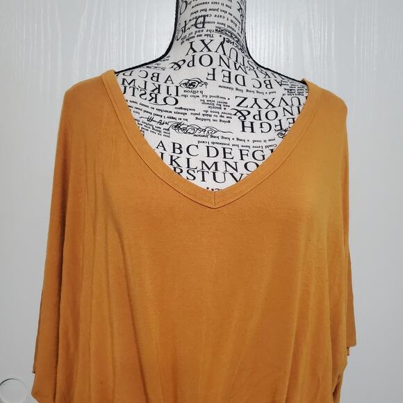 Zenana Short Sleeve Blouse Top Mustard Yellow Gold Tie Front Stretch Loose Large - Picture 6 of 10